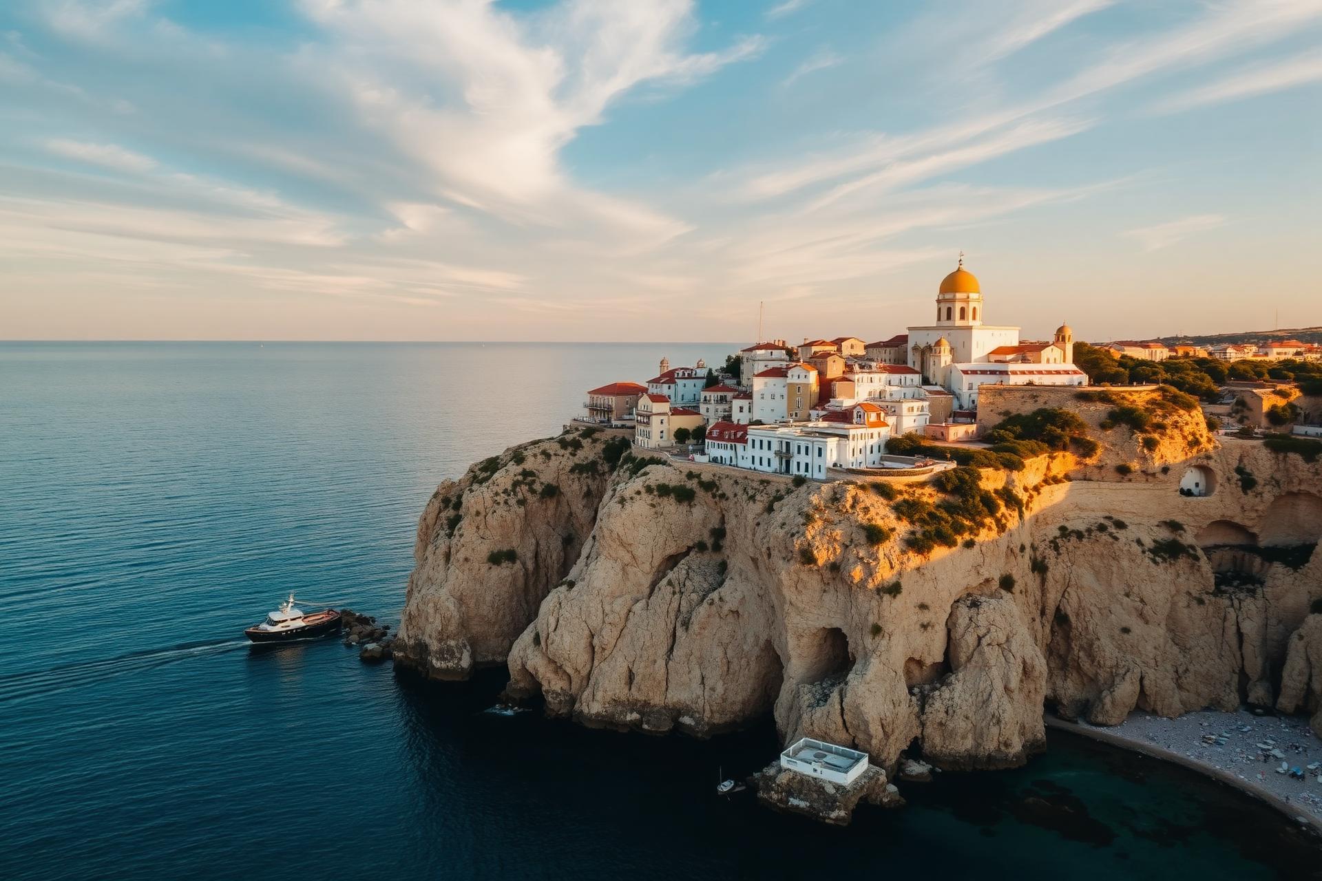 Polignano a Mare cliffs over the Adriatic at sunset
